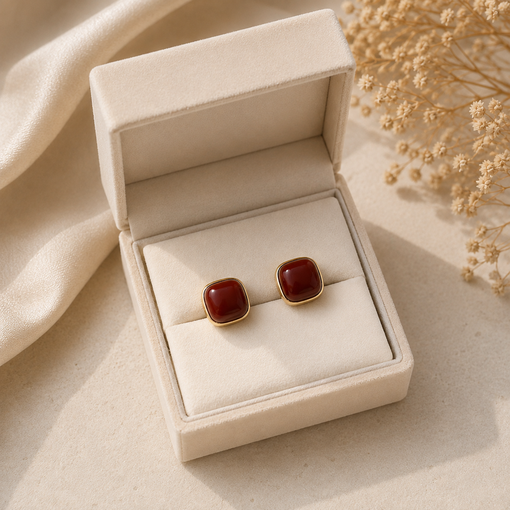 18K Gold Plated Maroon Square Stud Earrings
