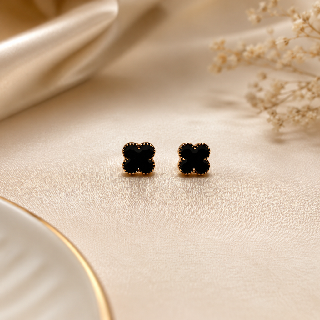 18K Gold Plated Black Clover Stud Earrings