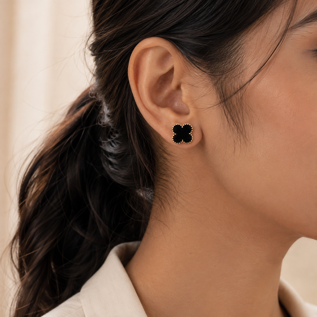 18K Gold Plated Black Clover Stud Earrings