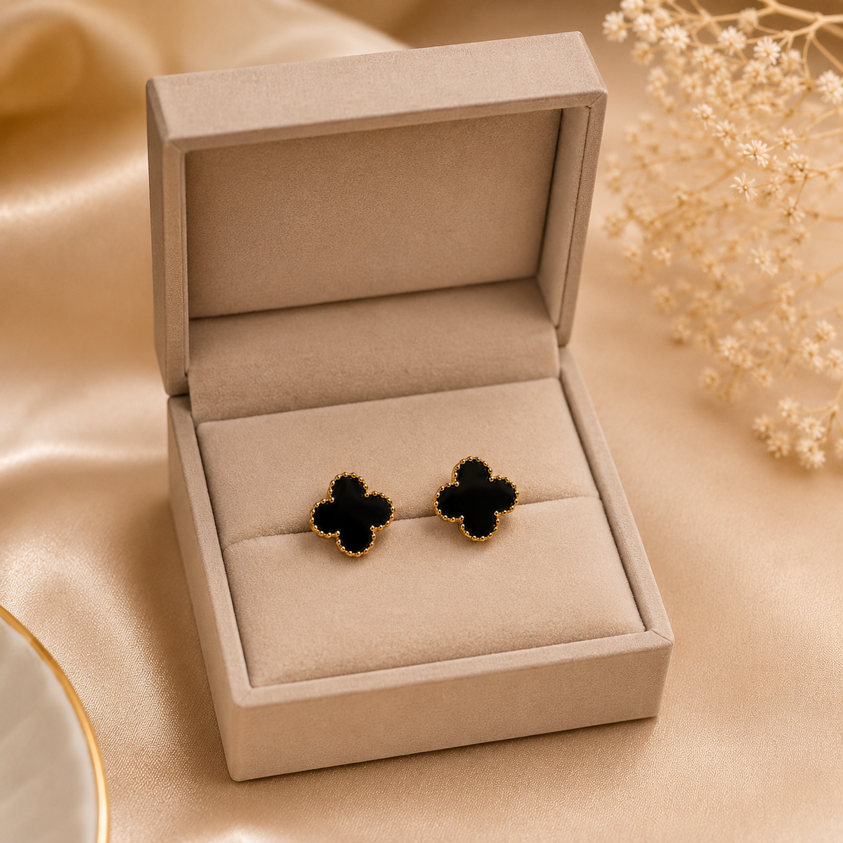 18K Gold Plated Black Clover Stud Earrings