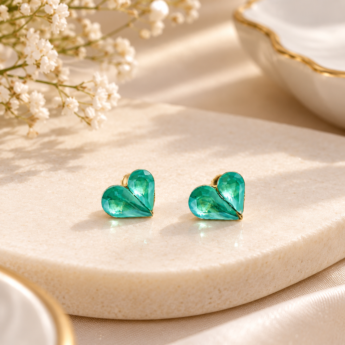 Aqua Heart Stud Earrings – Crystal Finish