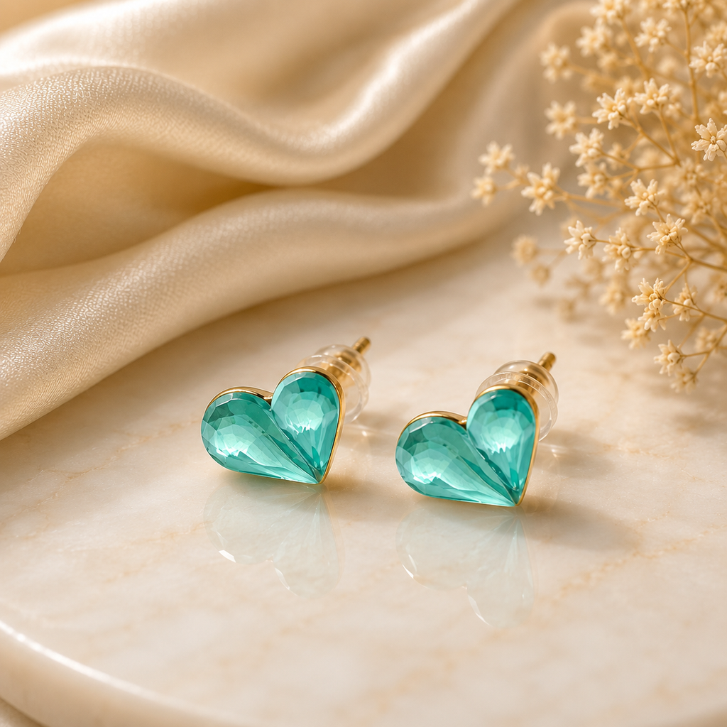 Aqua Heart Stud Earrings – Crystal Finish