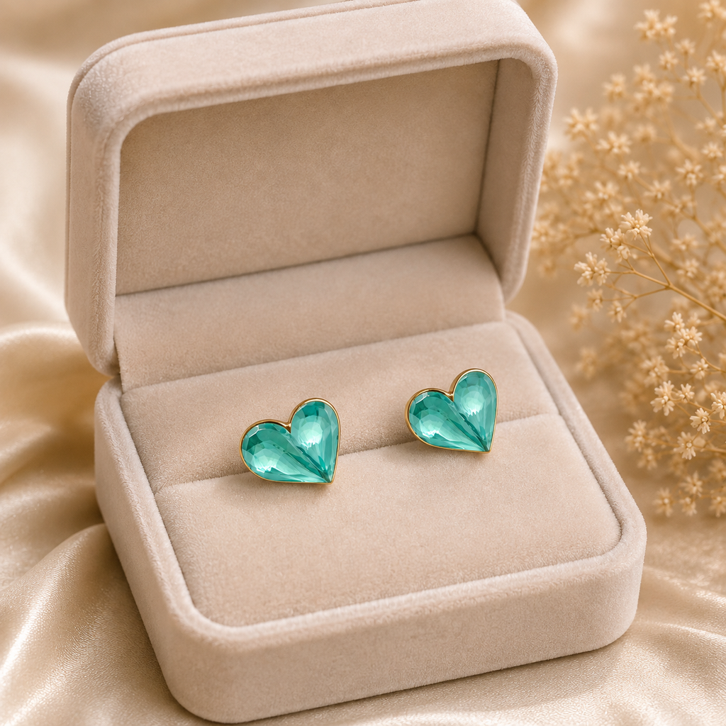 Aqua Heart Stud Earrings – Crystal Finish