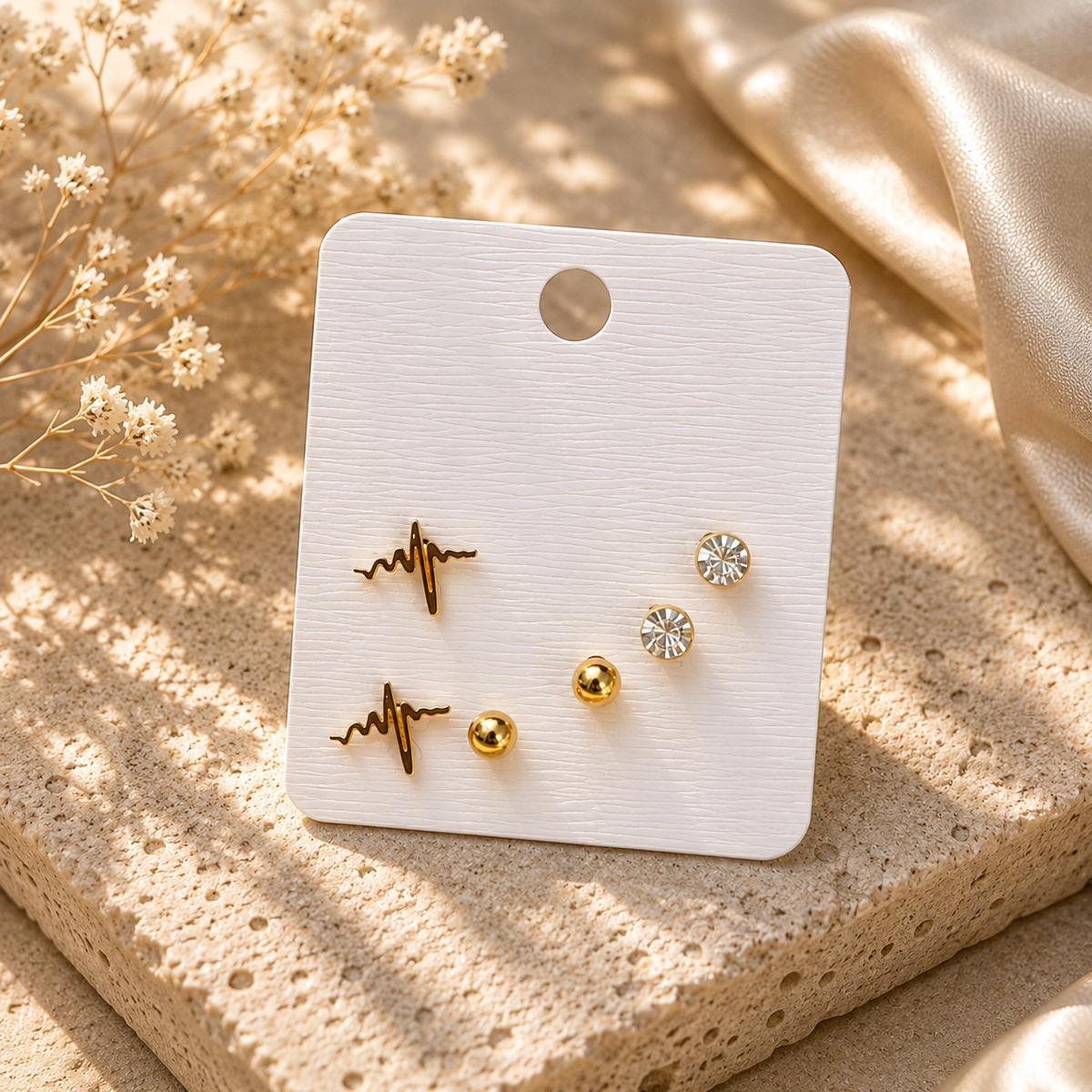 18K Gold Plated Heartbeat & Crystal Stud Earrings Set