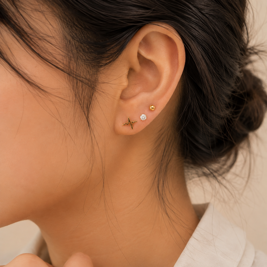 18K Gold Plated Heartbeat & Crystal Stud Earrings Set