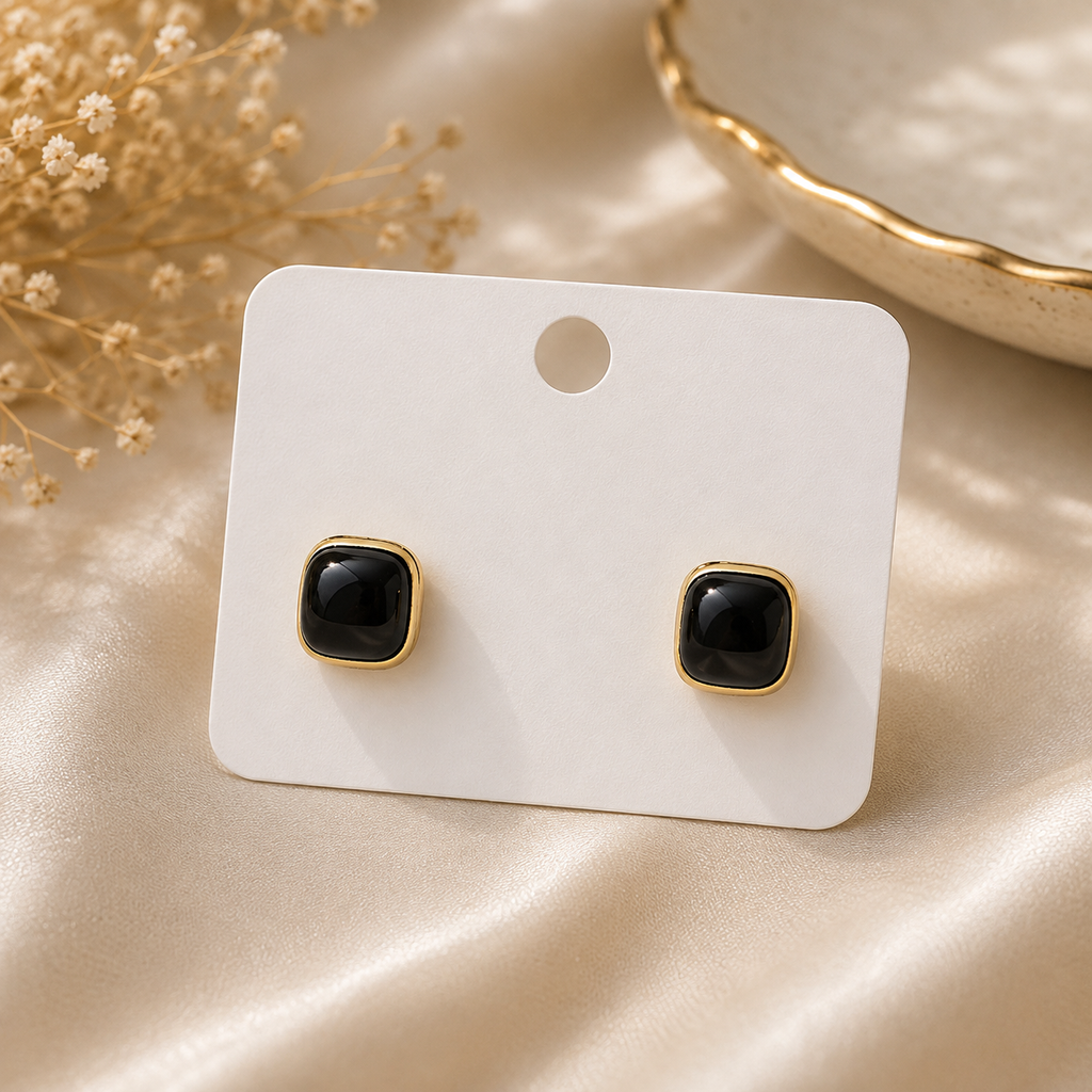 18K Gold Plated Black Square Stud Earrings