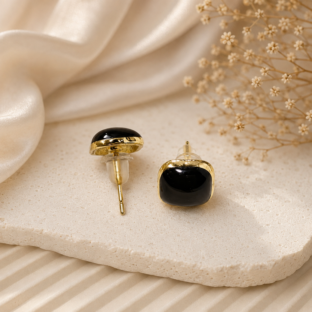 18K Gold Plated Black Square Stud Earrings