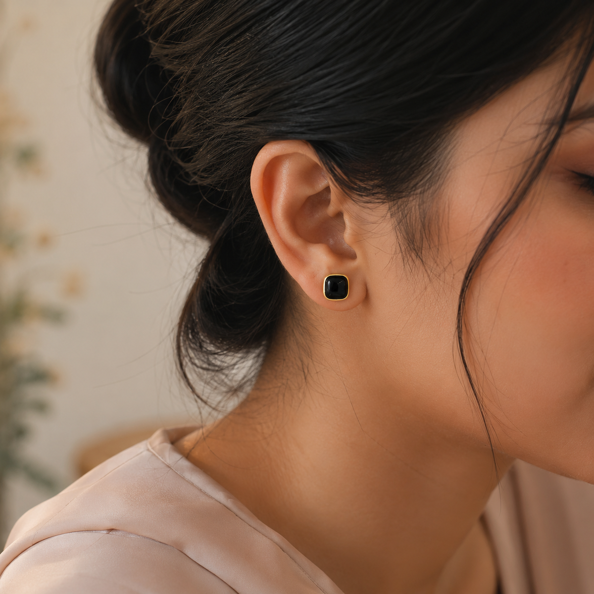 18K Gold Plated Black Square Stud Earrings
