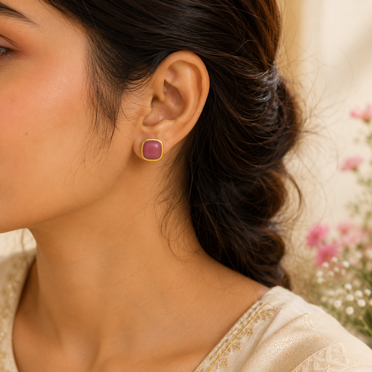 18K Gold Plated Rose Pink Square Stud Earrings