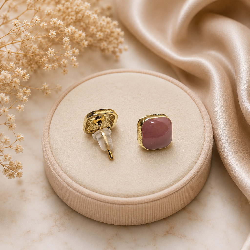 18K Gold Plated Rose Pink Square Stud Earrings