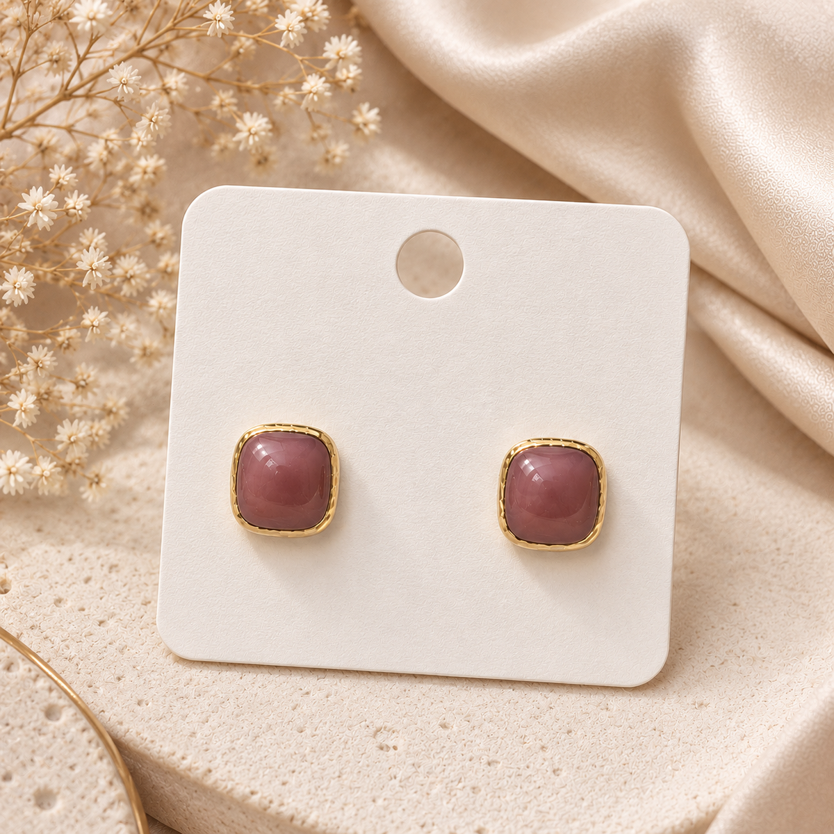 18K Gold Plated Rose Pink Square Stud Earrings