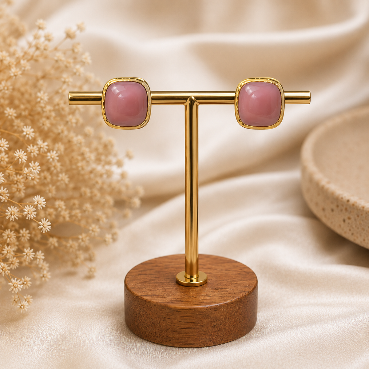 18K Gold Plated Rose Pink Square Stud Earrings