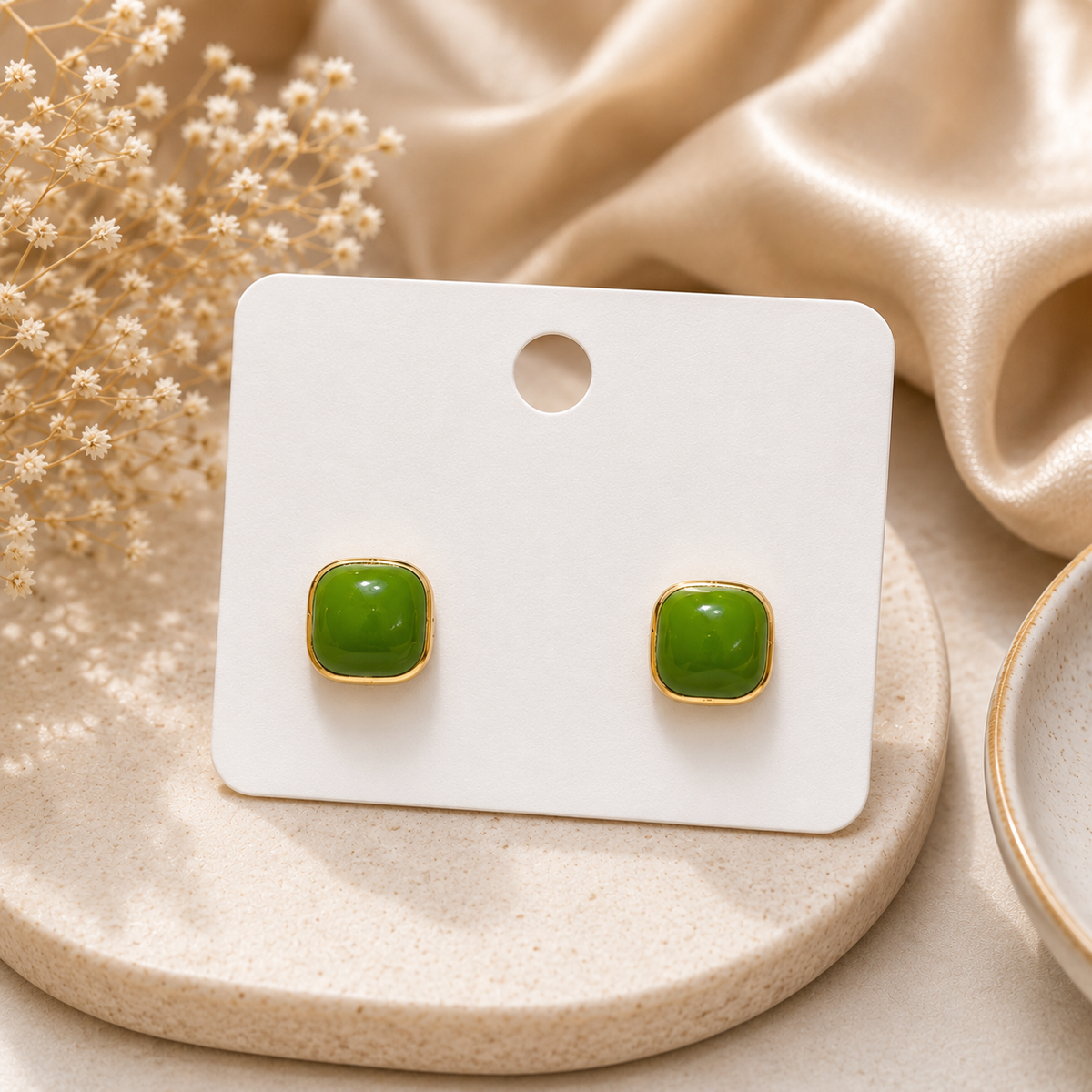 18K Gold Plated Green Square Stud Earrings
