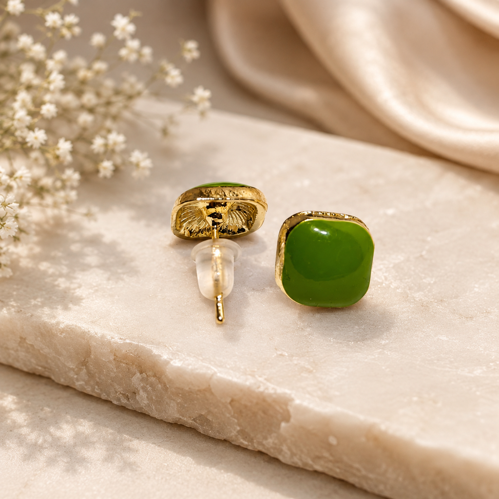 18K Gold Plated Green Square Stud Earrings