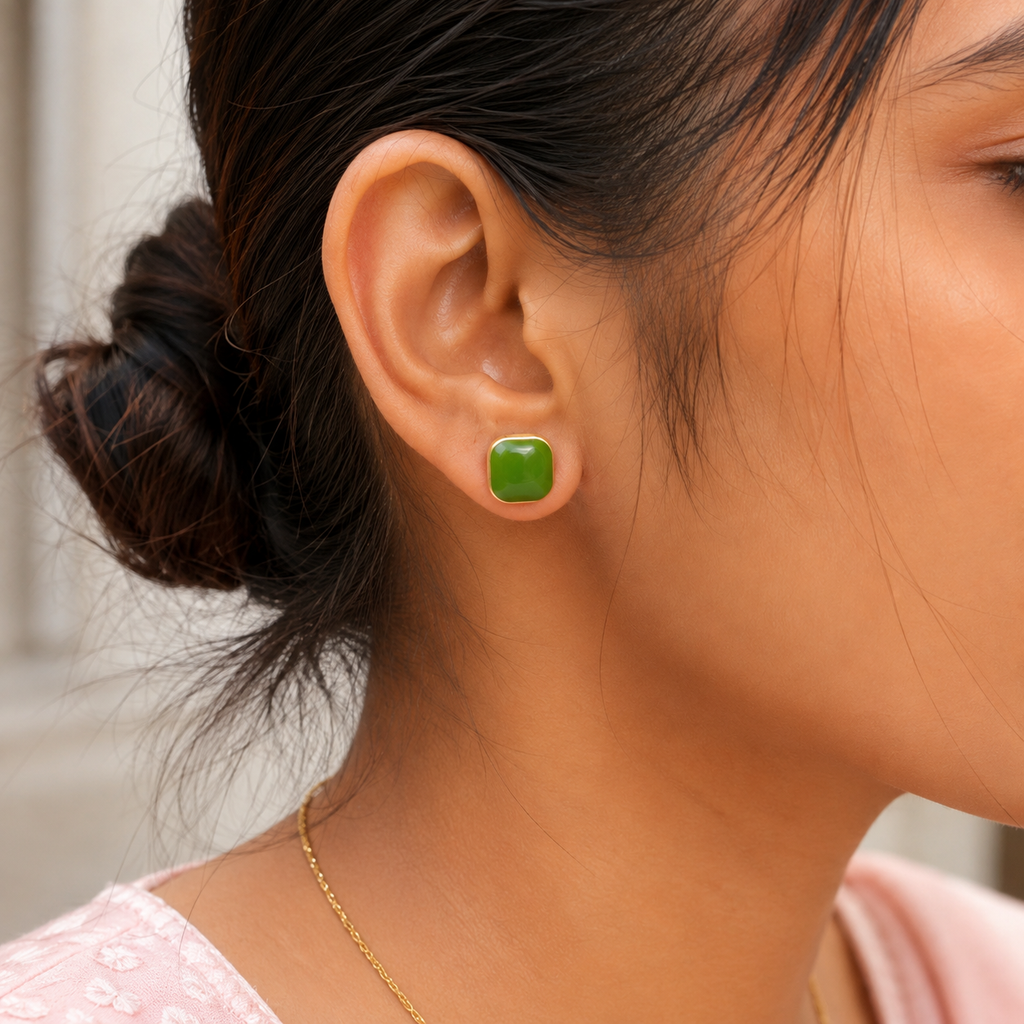 18K Gold Plated Green Square Stud Earrings