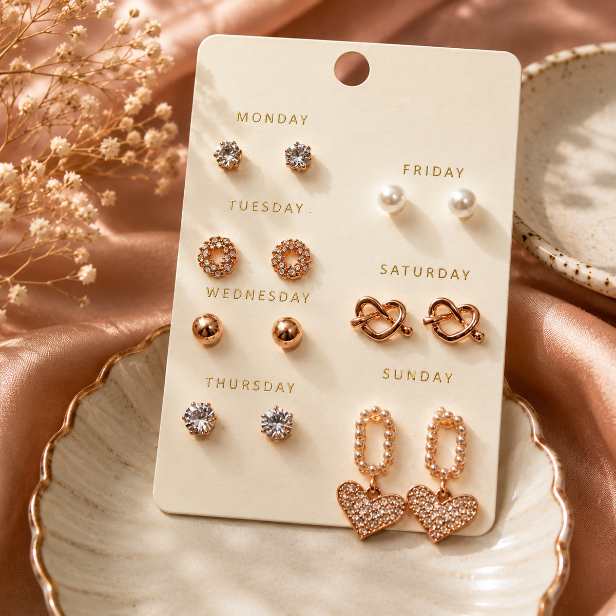 18K Rose Gold Plated 7 Days Earrings Set for Women