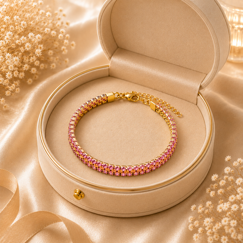 18K Gold Plated Pink Stone Bracelet for Women – Elegant Beaded Chain Bracelet