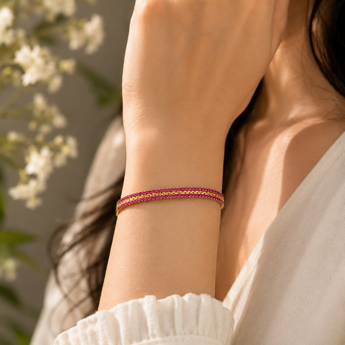 18K Gold Plated Pink Stone Bracelet for Women – Elegant Beaded Chain Bracelet