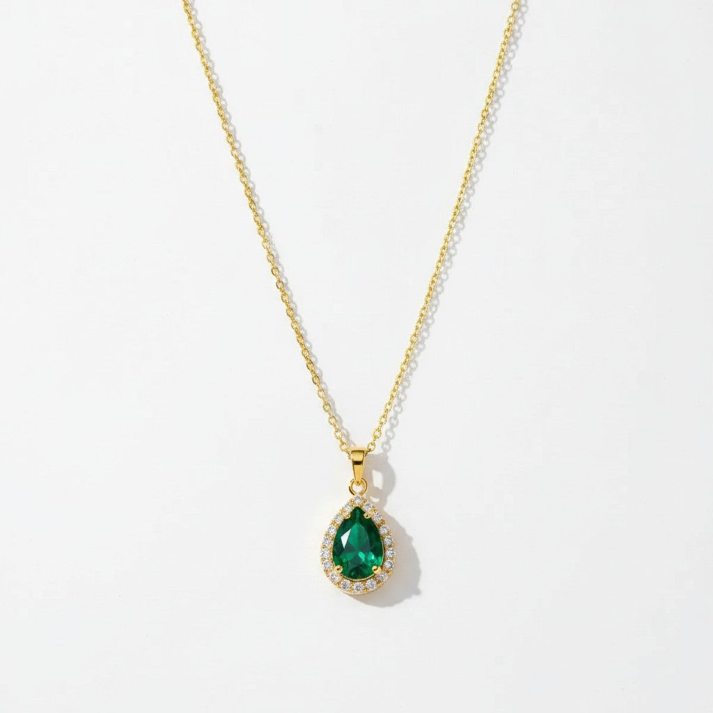 18K Gold Plated Green Teardrop Stone Pendant Necklace