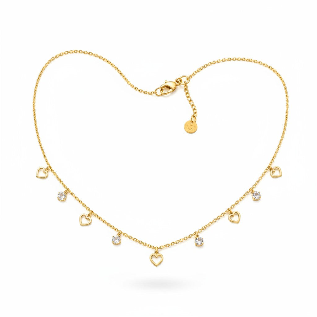 18K Gold Plated Heart Charm Crystal Necklace
