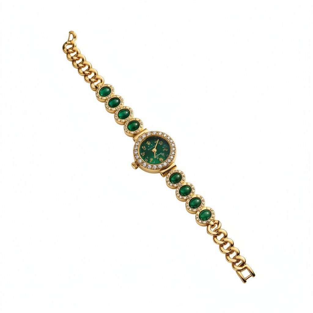 18K Gold Plated Green Stone Watche for Women